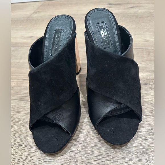 Topshop Razzmatazz black suede mule heel gold-tone geometric block heel spring 7 - Picture 2 of 6